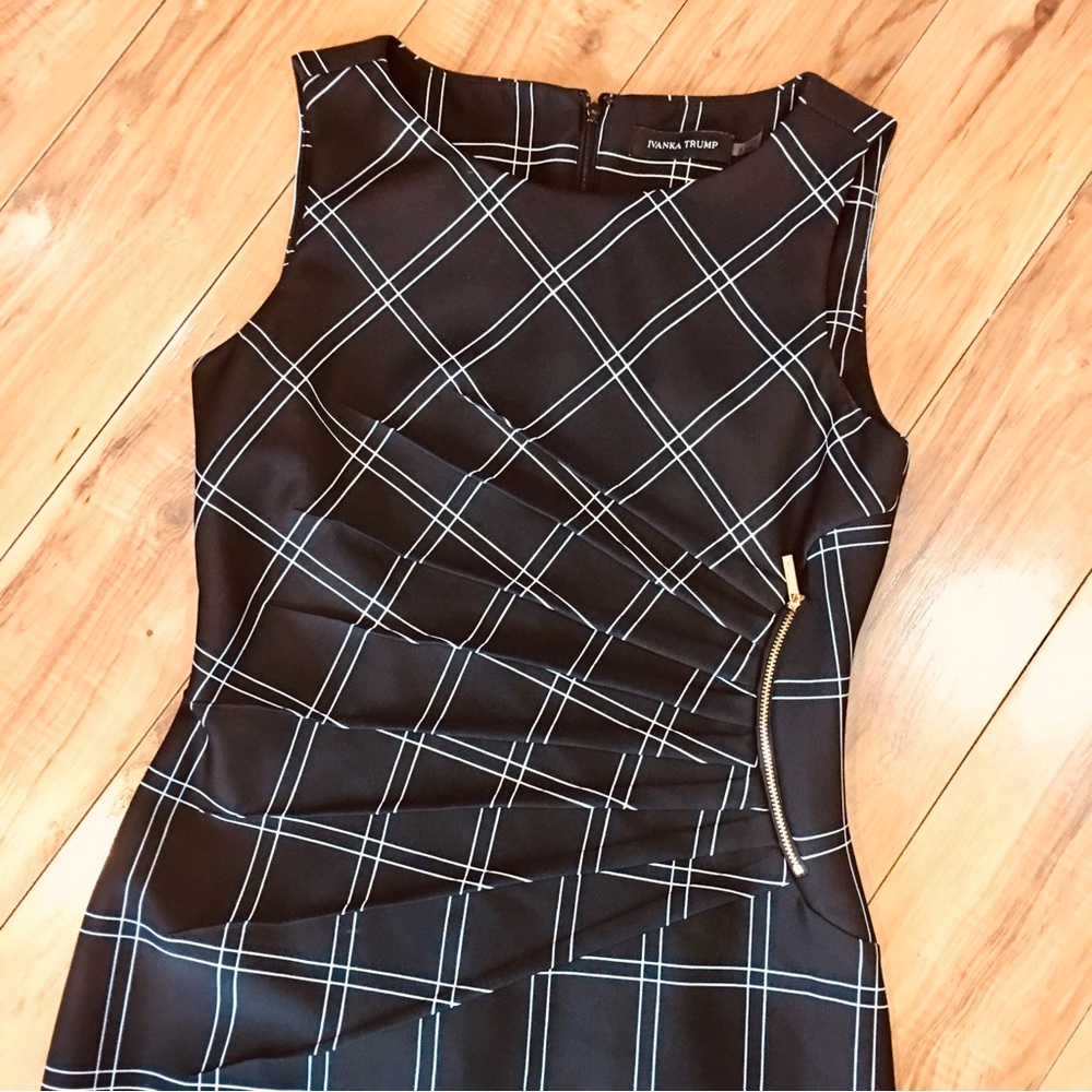 Ivanka Trump black white pencil dress window pane gold zipper knee length 6